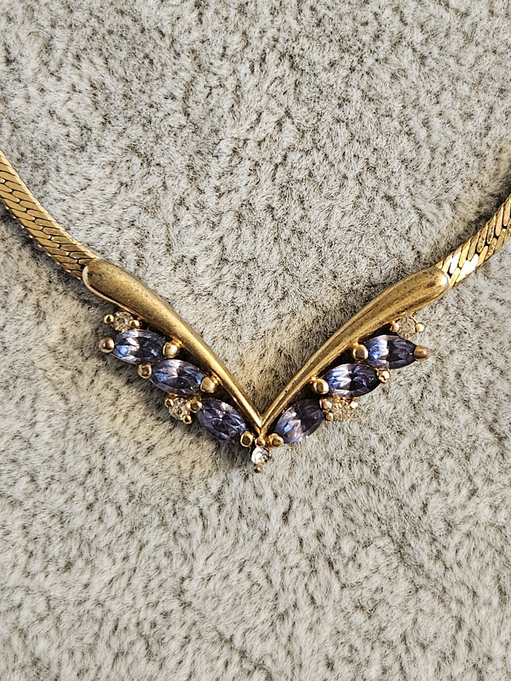 Vintage Avon Gold Tone Necklace With Violet Marquise Stones And Clear Accents